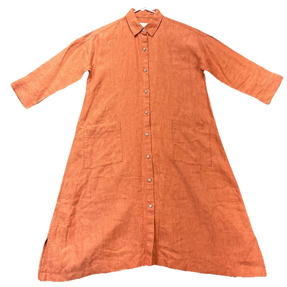 PURE JILL LINEN SHIRTDRESS WOMENs XS RUST MIDI LENGTH PATCH POCKETS BUTTONED